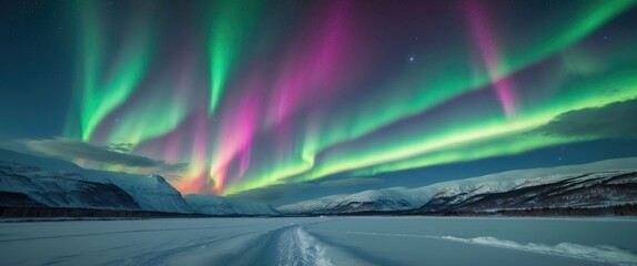 Aufkleber - Colorful Aurora Borealis Over Snowy Landscape with Mountains and Frozen River Night Sky Nature Scene