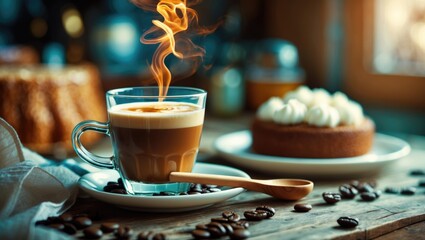 Poster - Hot coffee cup with steam and dessert on wooden table background with scattered coffee beans, warm lighting, Copy Space