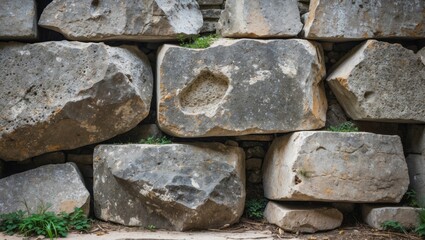 Aufkleber - Textured stone wall with large uneven rocks and patches of greenery between them Copy Space