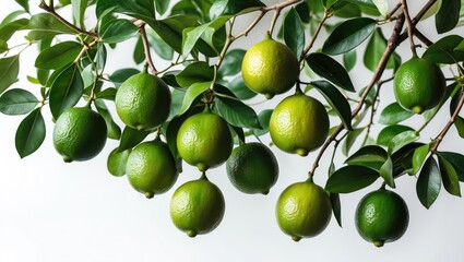 Poster - Fresh green limes hanging from a tree branch surrounded by vibrant green leaves on a light background Copy Space