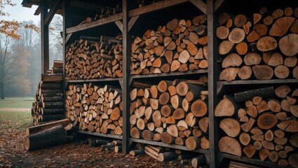 Aufkleber - Stacked firewood in a woodshed with organized logs in various sizes and shapes creating a rustic, natural wood texture background Copy Space