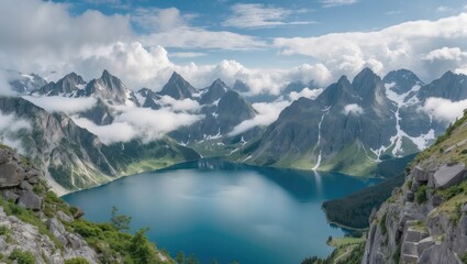 Poster - Scenic view of a tranquil lake surrounded by rugged mountains and clouds under a blue sky with reflections on the water Copy Space