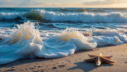 Aufkleber - Waves crashing on sandy beach with starfish in foreground during golden hour natural coastal landscape details and copy space