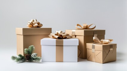 Aufkleber - assorted gift boxes with decorative bows on a light background with evergreen branches and pinecones Copy Space