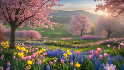 Aufkleber - Colorful spring landscape with blooming cherry trees and vibrant flower fields at sunrise, peaceful scenery with hills in background, Copy Space
