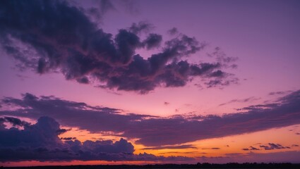 Aufkleber - Sunset sky with vibrant purple and orange hues, dramatic clouds in the horizon, peaceful landscape, Copy Space for text inclusion