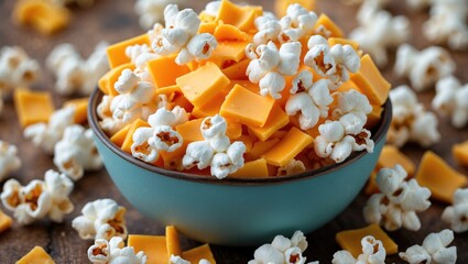 Poster - Bowl filled with popcorn and yellow cheese cubes on wooden surface with scattered cheese and popcorn around Copy Space