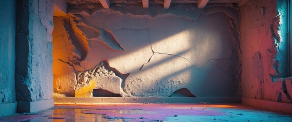 Aufkleber - Abandoned room interior with cracked walls and colorful lighting effects highlighting architectural details and textures, Copy Space