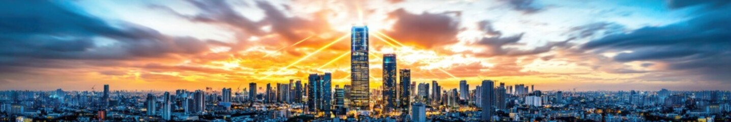 Poster - Breathtaking City Skyline at Sunset with Vibrant Colors and Dramatic Cloud Formation Over Skyscrapers