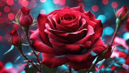 Aufkleber - Vibrant close-up of a large red rose with lush petals and surrounding rose buds against a colorful bokeh background Copy Space