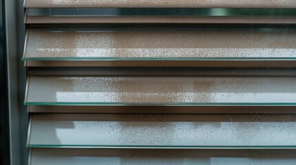 Poster - Dirty window blinds with water spots and streaks, indoor close-up view, minimalistic composition, Copy Space.