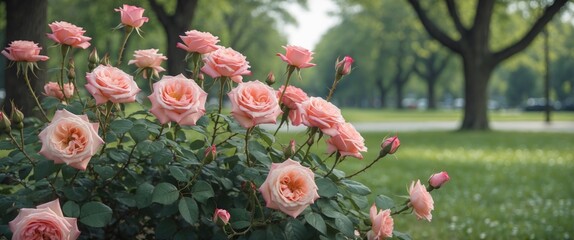 Aufkleber - Pink roses blooming in a lush green park with trees in the background and soft natural lighting, suitable for floral themes, Copy Space