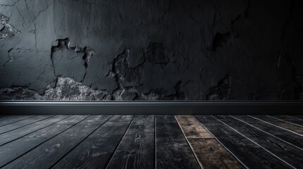 Aufkleber - Dark textured wall with peeling paint and wooden floorboards, interior design concept, Copy Space.