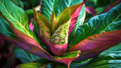 Wall Mural - Colorful tropical plant with large green and maroon leaves showcasing intricate details and textures in natural light Copy Space