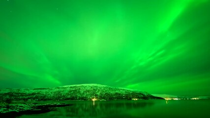 Wall Mural - Green aurora borealis, Norwegian fjord. Copy space