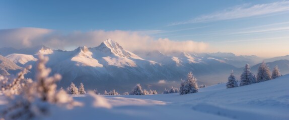Aufkleber - Mountain landscape covered in snow with tall peaks and a clear blue sky in the background Copy Space