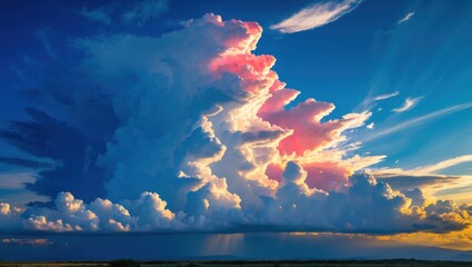 Aufkleber - Dramatic colorful clouds at sunset with blue sky and rays of light in the background wide view with Copy Space