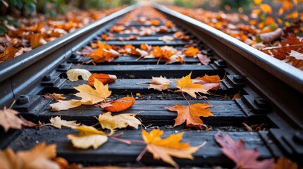 Poster - Colorful autumn leaves scattered on old railway tracks with natural background blurred and perspective leading into the distance Copy Space