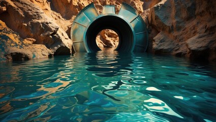Aufkleber - Water tunnel entrance surrounded by rocky terrain with calm water reflection, clear blue hues and geological formations, Copy Space