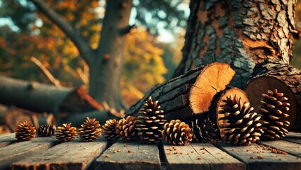Aufkleber - Pinecones on wooden planks with tree bark in the background during golden hour in an autumn forest setting Copy Space