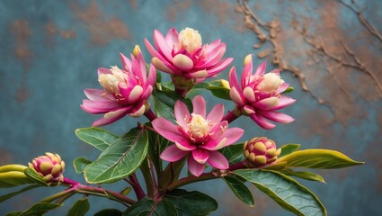 Wall Mural - Pink flowering plant with large blossoms and green leaves against a textured blue background with copy space.