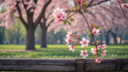Aufkleber - Cherry blossom branch in foreground with blurred pink trees and green grass background during spring season Copy Space
