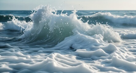 Poster - Ocean waves crashing on sandy beach with foam created by turbulent water on bright sunny day Copy Space