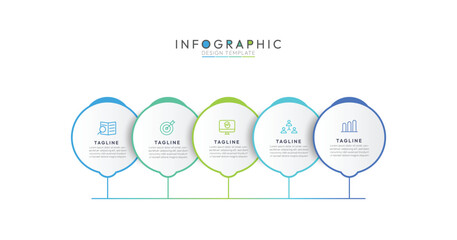 Fototapete - Five distinct branches extend downward from the central circle, each leading to another circle representing a step in the process. Concept of 5 steps infographics of business development process.