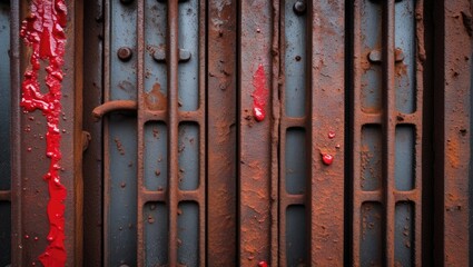 Poster - Rusty metal surface with red paint drips and textured patterns suitable for industrial backgrounds and design projects Copy Space