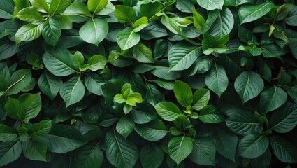 Poster - Dense green foliage background with various shapes of leaves and textures, ideal for natural themes and designs, Copy Space