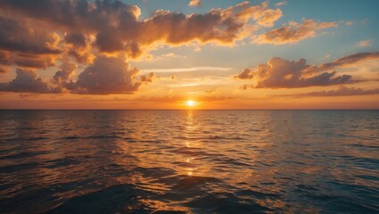 Poster - Vibrant sunset over calm ocean water with clouds reflecting orange and golden hues in the sky with Copy Space
