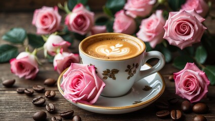 Poster - Coffee cup with latte art surrounded by pink roses and coffee beans on wooden background with Copy Space