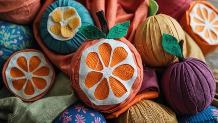 Aufkleber - Colorful textile fruit decorations on vibrant fabric backgrounds with copy space for text.