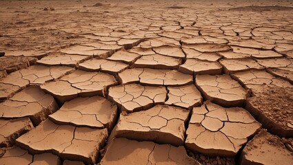 Poster - Dry cracked earth surface background in a desert landscape with patterns and textures showing severe drought conditions. Copy Space