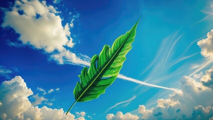 Poster - Large vibrant green leafy plant against a bright blue sky with white clouds and jet trails ideal for nature and environmental themes Copy Space