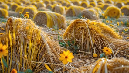 Poster - Golden straw bales in a field with yellow flowers and green vegetation under soft natural lighting Copy Space