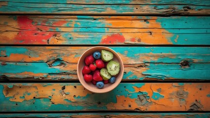 Aufkleber - Bowl of assorted fresh fruits including strawberries, blueberries, and kiwi on colorful rustic wooden background with Copy Space
