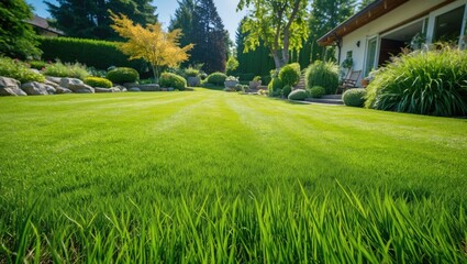 Poster - Lush green lawn with well-maintained garden in residential backyard featuring trees, shrubs, and decorative rocks under bright sunlight Copy Space