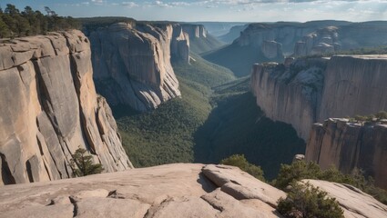 Aufkleber - Majestic canyon landscape with towering rock formations and deep green valley under a clear blue sky, panoramic view with Copy Space.