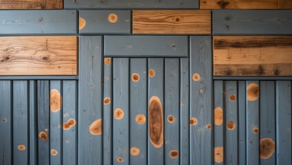 Aufkleber - Wooden wall panels with blue and natural wood finish showcasing textures and patterns, ideal for backgrounds or architectural designs, Copy Space