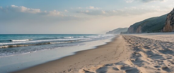 Aufkleber - Coastal beach landscape with gentle waves and sandy shore under partly cloudy sky at sunset Copy Space