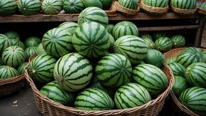 Aufkleber - Freshly harvested watermelons in wicker baskets at a market display with natural lighting and vibrant colors Copy Space