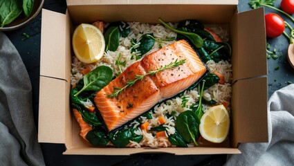 Aufkleber - Grilled salmon fillet served with rice and spinach in a takeout box garnished with lemon slices and herbs with Copy Space