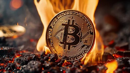 Poster - Bitcoin token on fire amidst hot coals representing the volatile cryptocurrency market in a dramatic setting