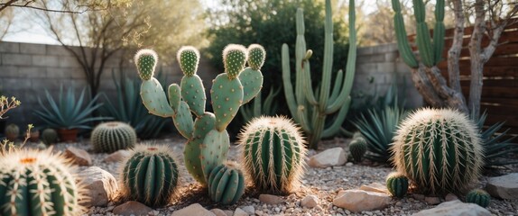 Aufkleber - Desert cactus garden with various cactus species and succulents in sunlight surrounded by rocks and natural landscaping Copy Space