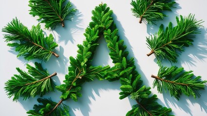 Aufkleber - Green fir branches arranged in the shape of the letter A on white background with shadows and copy space.