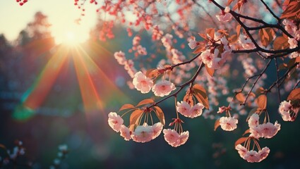 Aufkleber - Cherry blossom tree branch with pink flowers illuminated by sunlight during sunset with rays of light in the background Copy Space