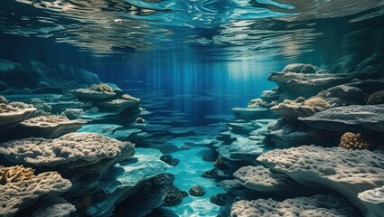 Aufkleber - Underwater coral reef landscape with sun rays filtering through water and rich marine life detailed scene Copy Space