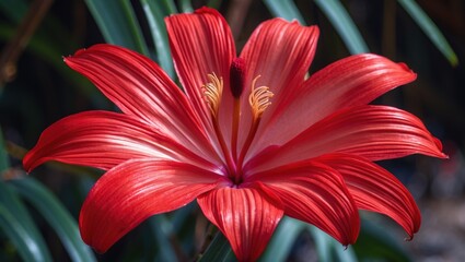 Aufkleber - Vibrant red flower with detailed petals and yellow stamens surrounded by green foliage against a blurred background Copy Space