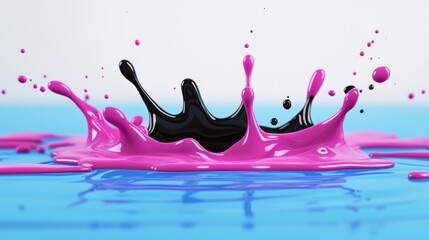 Poster - Vibrant Pink and Black Paint Splashing on Blue Surface with Dynamic Ripples and Drips in Studio Lighting
